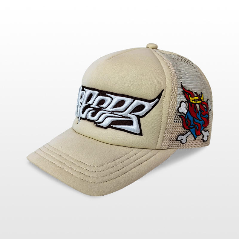Beige Foam Front Trucker Cap with Bold 3D Embroidered Letter Logo