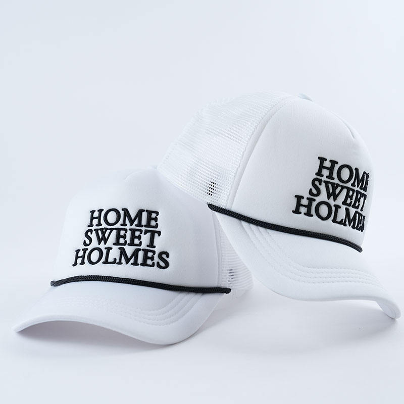 White Mesh Trucker Hat with HOME SWEET HOLMES 3D Embroidery – 5 Panel Foam Cap