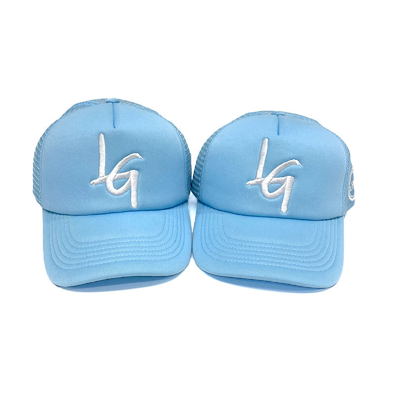 Light Blue Foam Trucker Hat with Flat Embroidered Logo