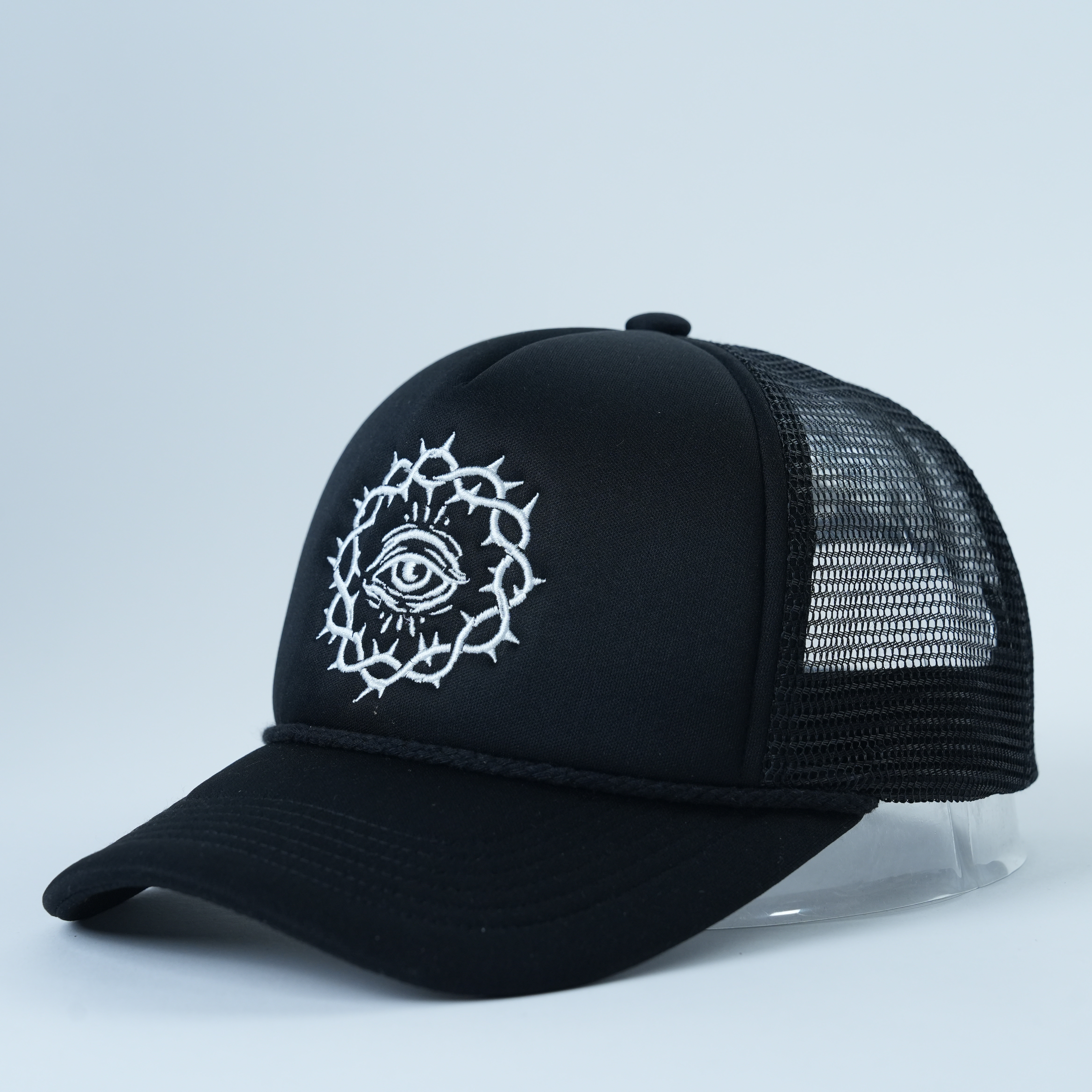 Black Mesh Trucker Hat with Eye Symbol Flat Embroidery