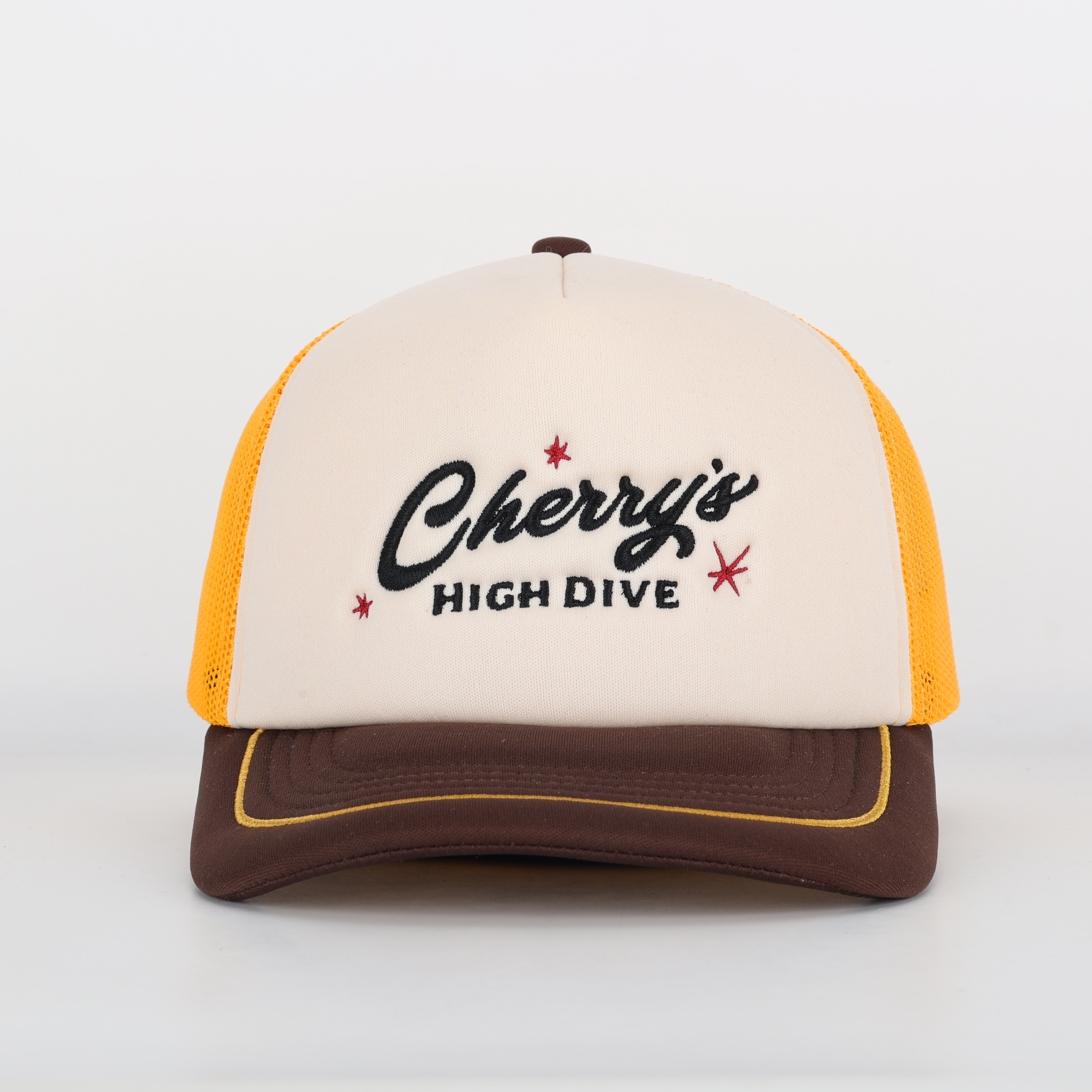 Retro Style Cherry’s Trucker Cap – Brown Yellow Mesh Snapback
