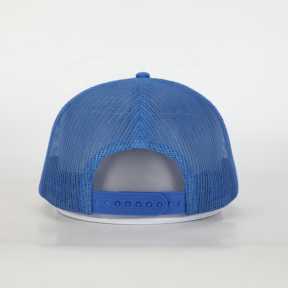 Blue Foam Front Mesh Trucker Hat with Flat Embroidery – 5 Panel Cap Design