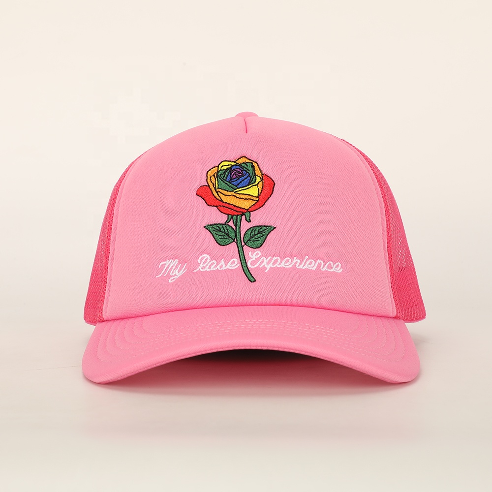 Pink Rose Embroidered Trucker Cap – Stylish Summer Mesh Hat