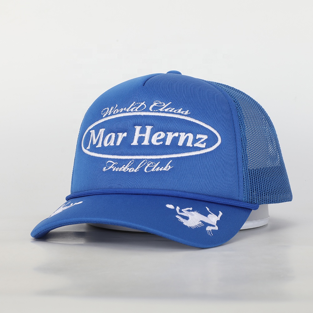 Blue Foam Front Mesh Trucker Hat with Flat Embroidery – 5 Panel Cap Design