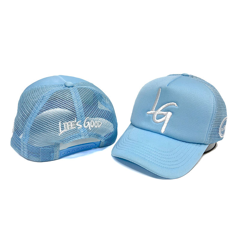 Light Blue Foam Trucker Hat with Flat Embroidered Logo