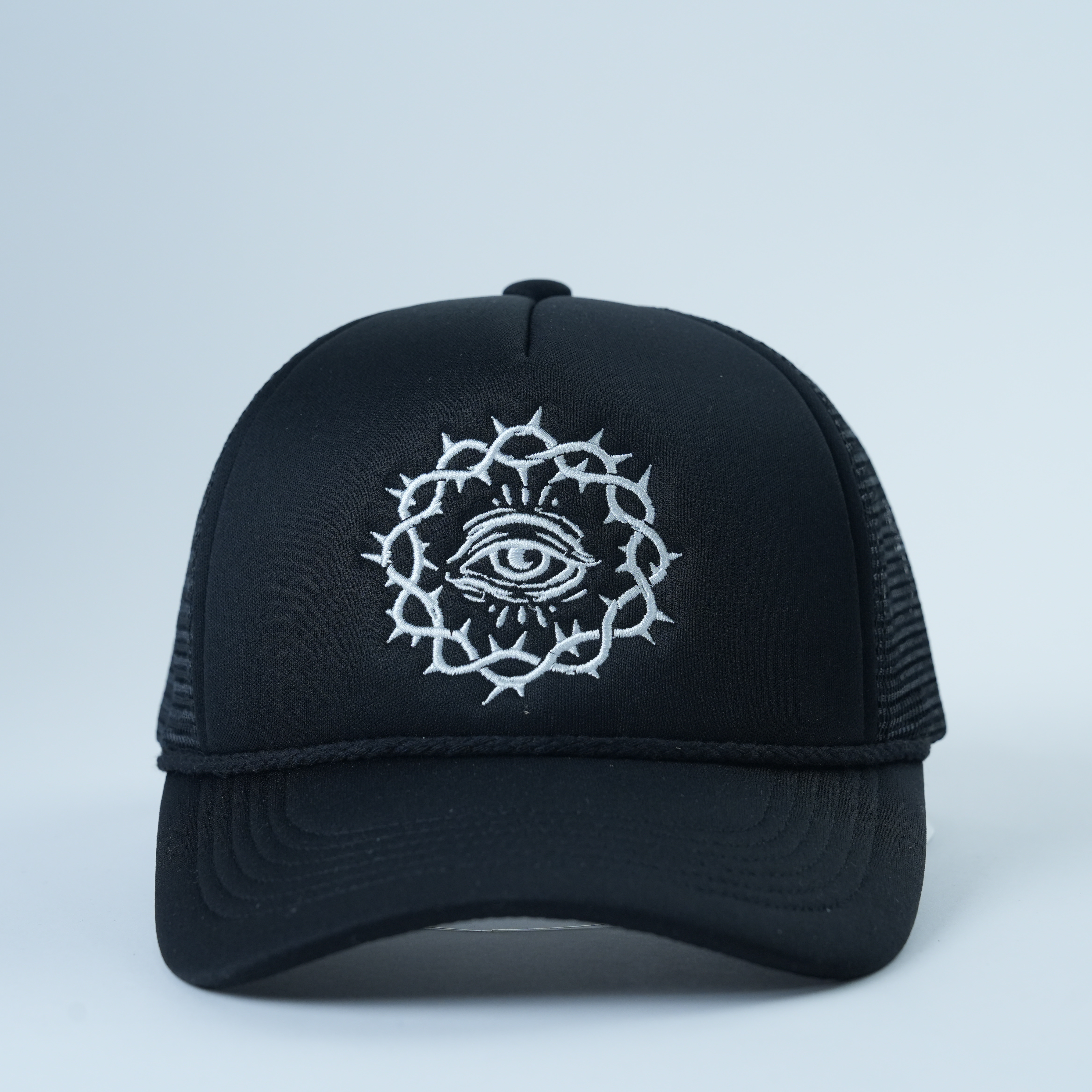 Black Mesh Trucker Hat with Eye Symbol Flat Embroidery