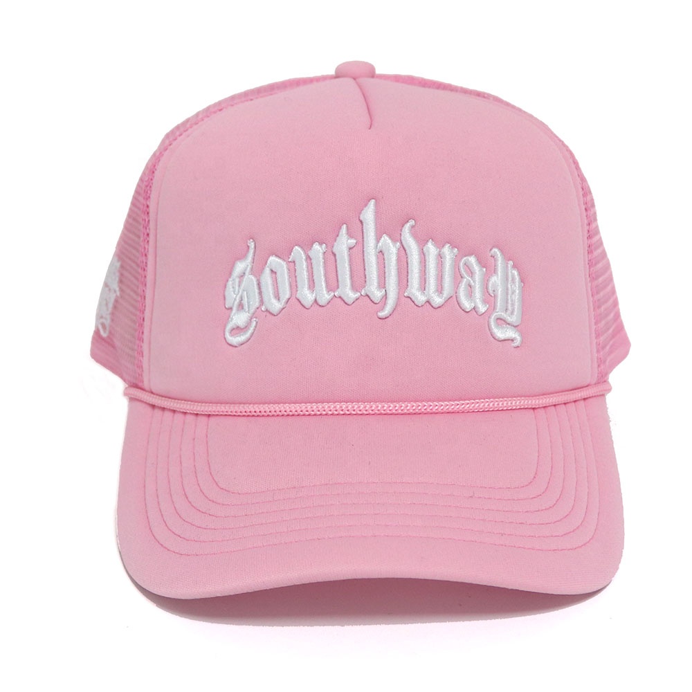 Pink Southway Foam Trucker Hat – Flat Embroidered Logo 5 Panel Mesh Cap