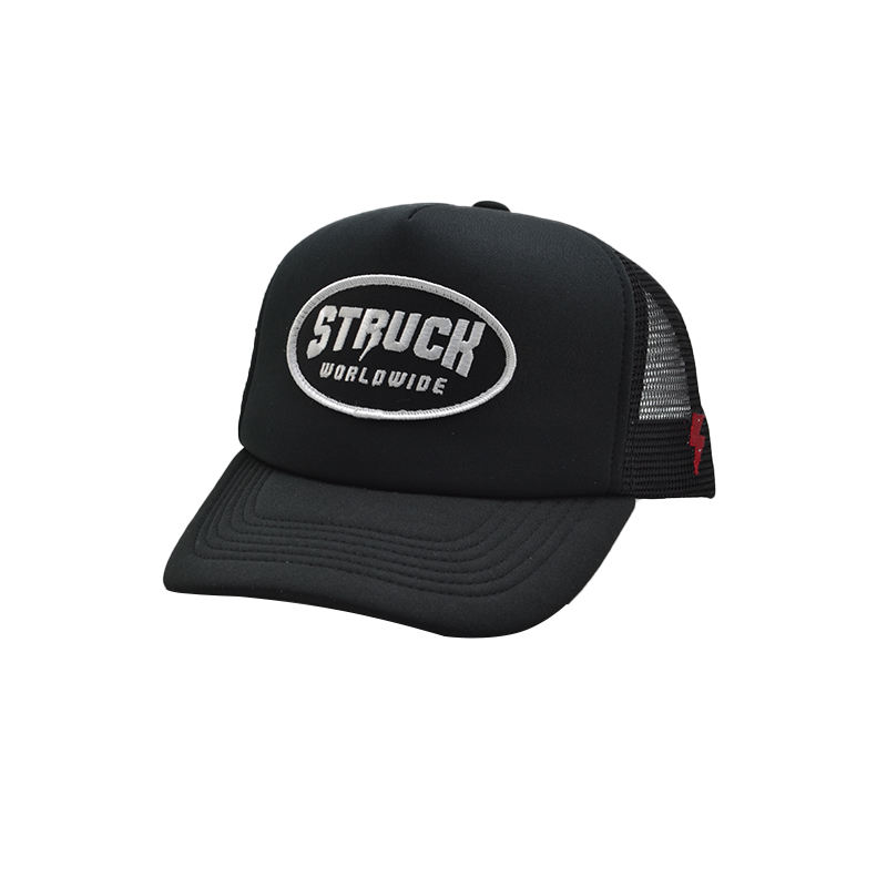 Black Mesh Back Trucker Hat with Foam Front and Embroidered Patch