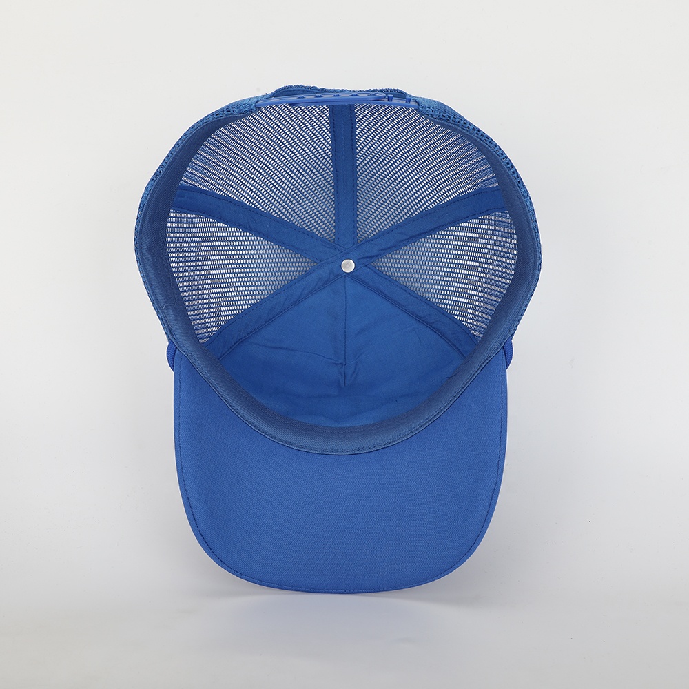Blue Foam Front Mesh Trucker Hat with Flat Embroidery – 5 Panel Cap Design