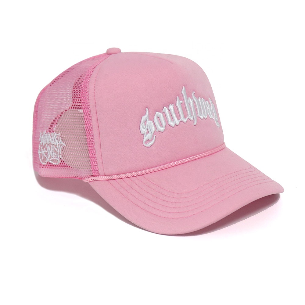 Pink Southway Foam Trucker Hat – Flat Embroidered Logo 5 Panel Mesh Cap