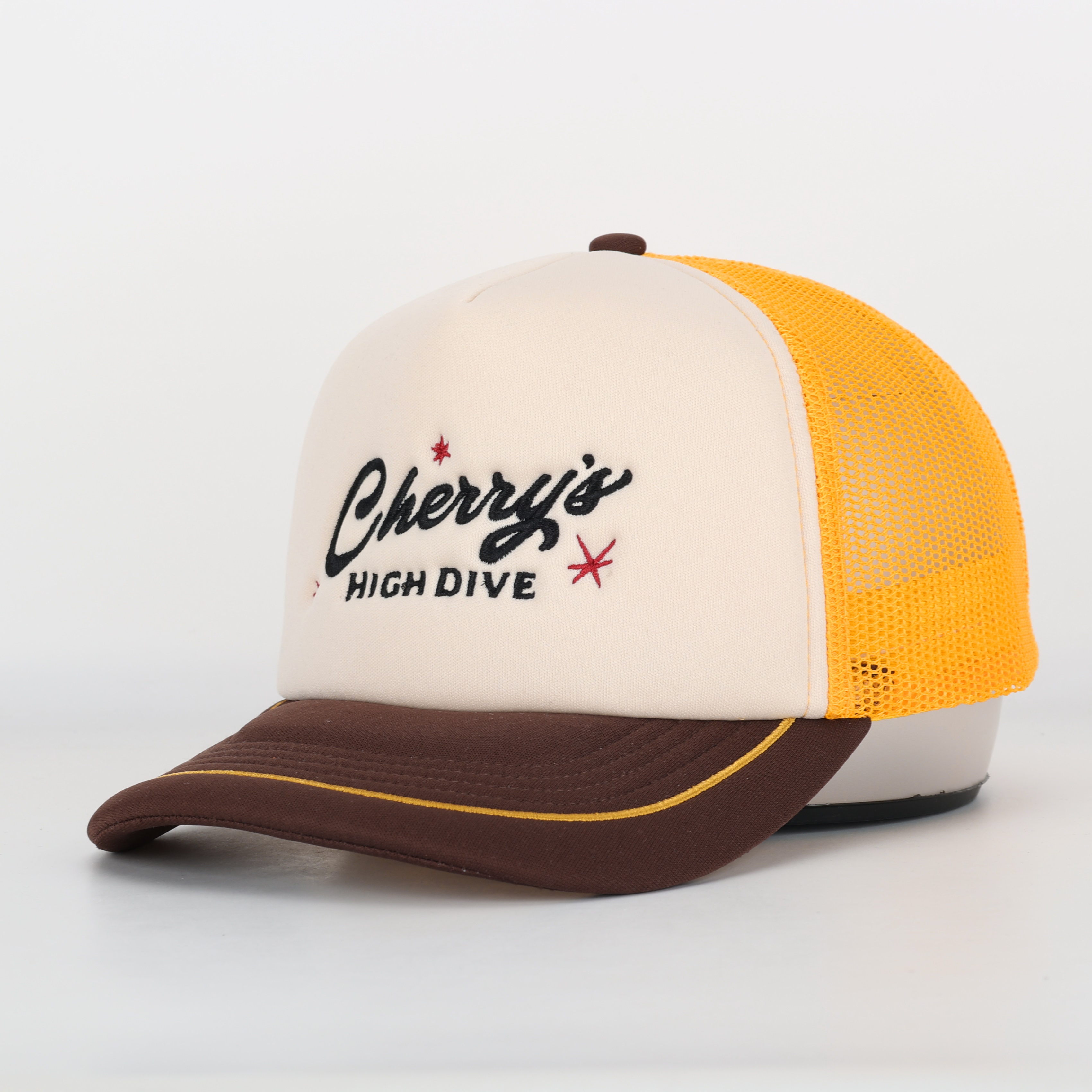 Retro Style Cherry’s Trucker Cap – Brown Yellow Mesh Snapback