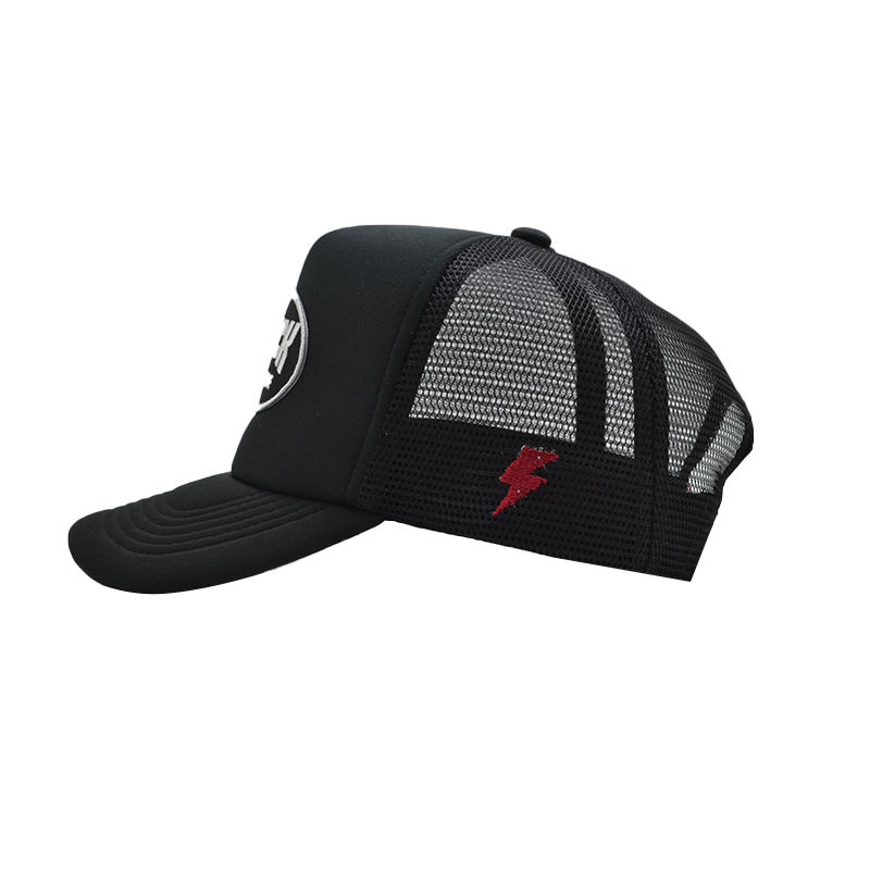 Black Mesh Back Trucker Hat with Foam Front and Embroidered Patch
