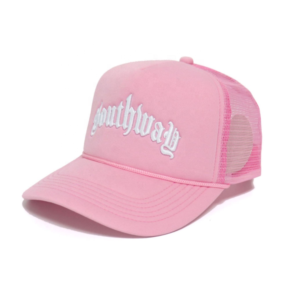 Pink Southway Foam Trucker Hat – Flat Embroidered Logo 5 Panel Mesh Cap
