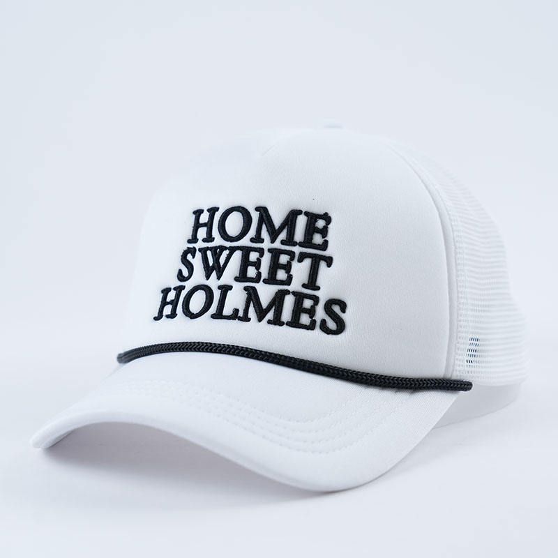 White Mesh Trucker Hat with HOME SWEET HOLMES 3D Embroidery – 5 Panel Foam Cap