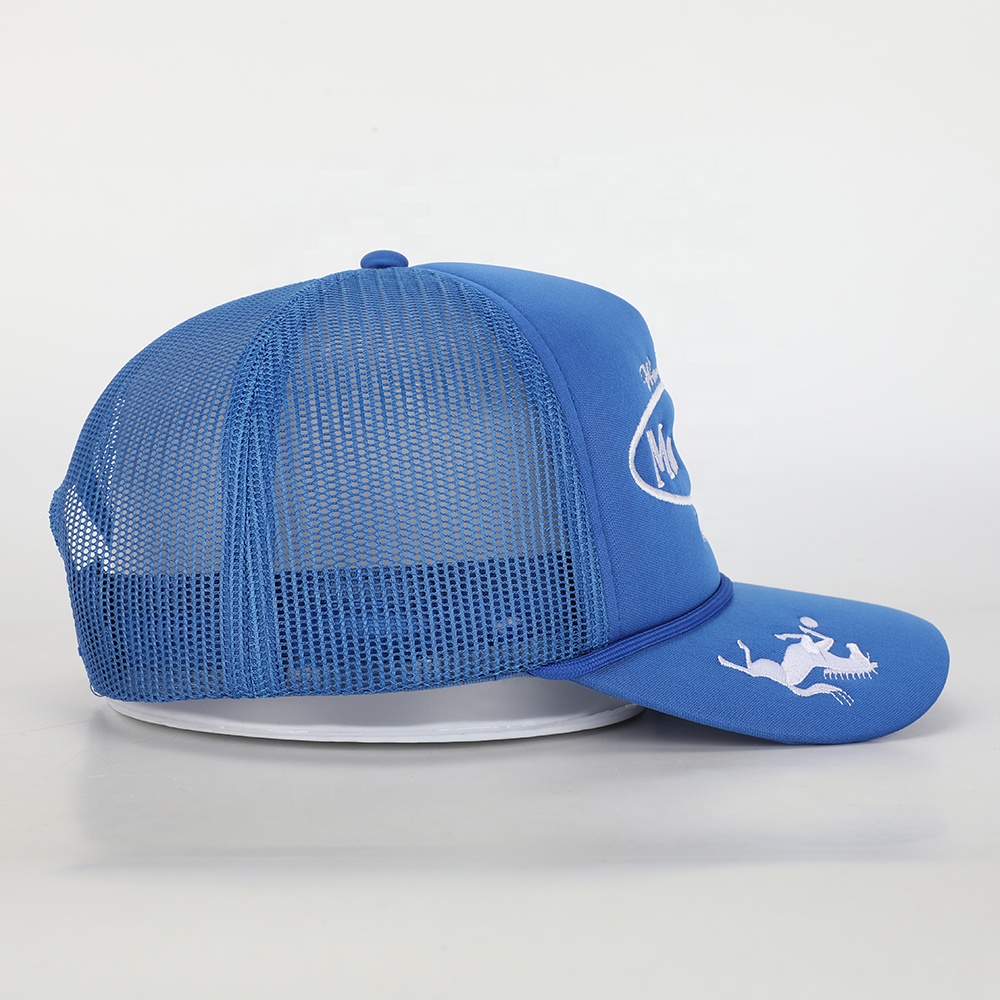 Blue Foam Front Mesh Trucker Hat with Flat Embroidery – 5 Panel Cap Design