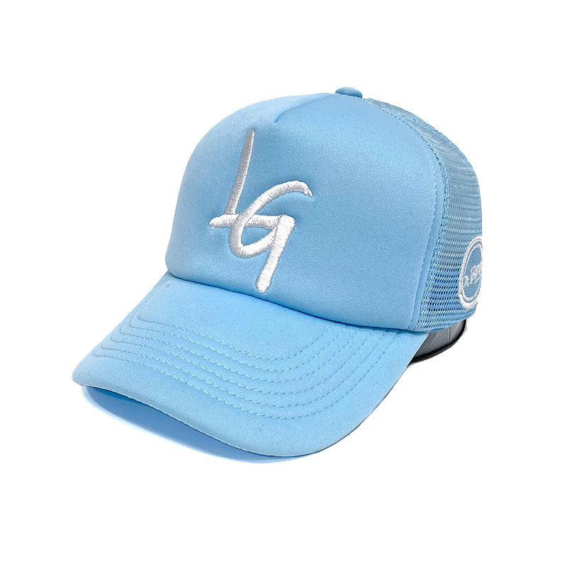 Light Blue Foam Trucker Hat with Flat Embroidered Logo
