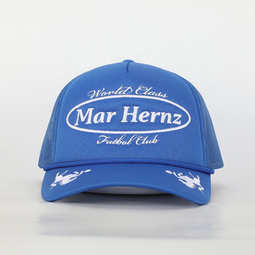 Blue Foam Front Mesh Trucker Hat with Flat Embroidery – 5 Panel Cap Design