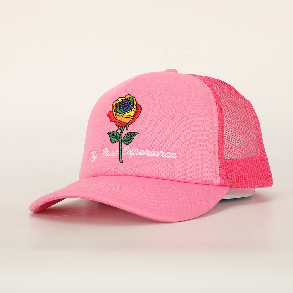 Pink Rose Embroidered Trucker Cap – Stylish Summer Mesh Hat
