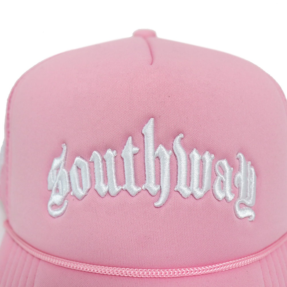 Pink Southway Foam Trucker Hat – Flat Embroidered Logo 5 Panel Mesh Cap