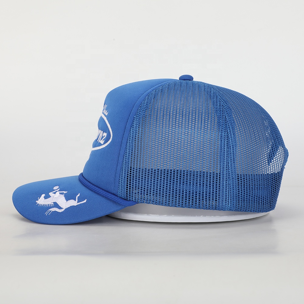 Blue Foam Front Mesh Trucker Hat with Flat Embroidery – 5 Panel Cap Design