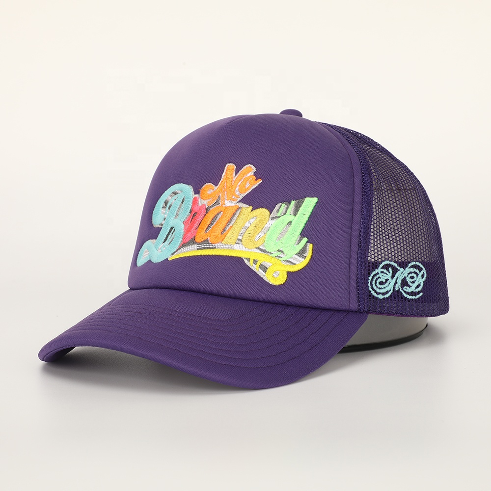 Purple Foam Trucker Cap with Rainbow Script Embroidery (5-Panel Mesh Back)