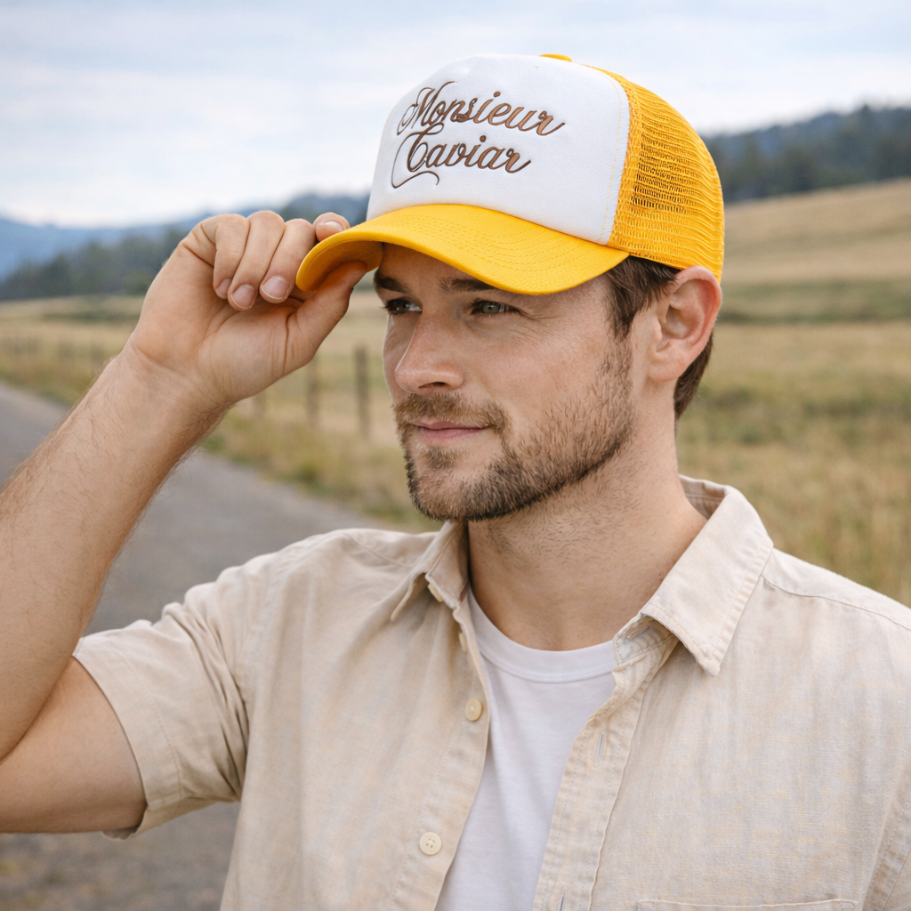 Yellow and White 5 Panel Foam Trucker Hat with Embroidered Script