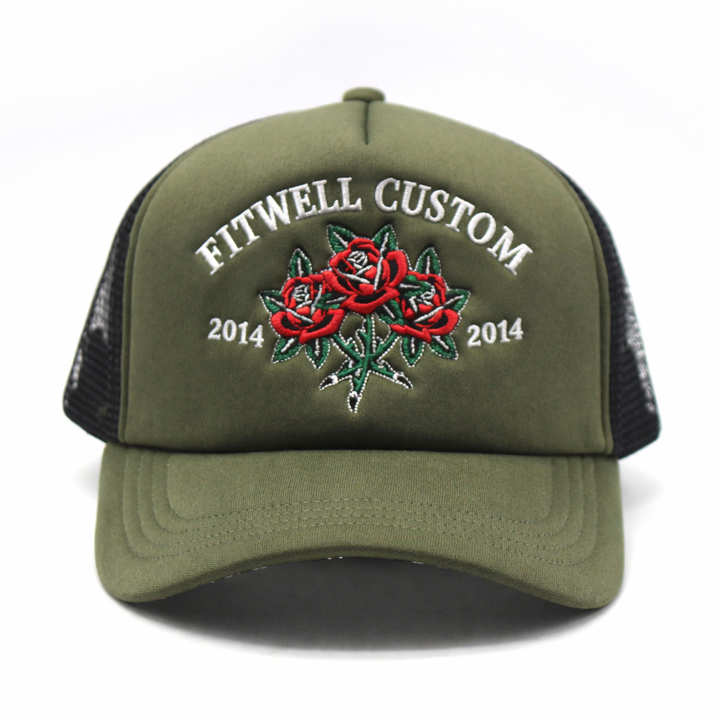 High-Quality Foam Trucker Hat with Flat Embroidered Rose Logo