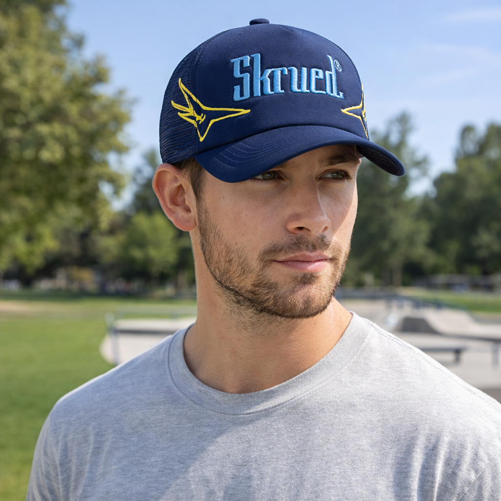 Skrued® Foam Front Mesh Back Trucker Hat with Flat Embroidery – Navy Blue