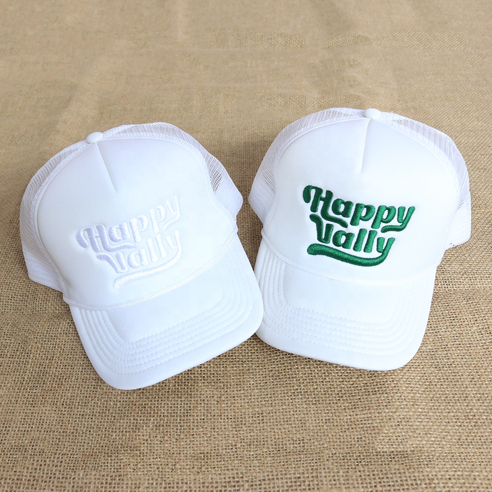 White 5 Panel Foam Trucker Hat with Flat Embroidered Logo