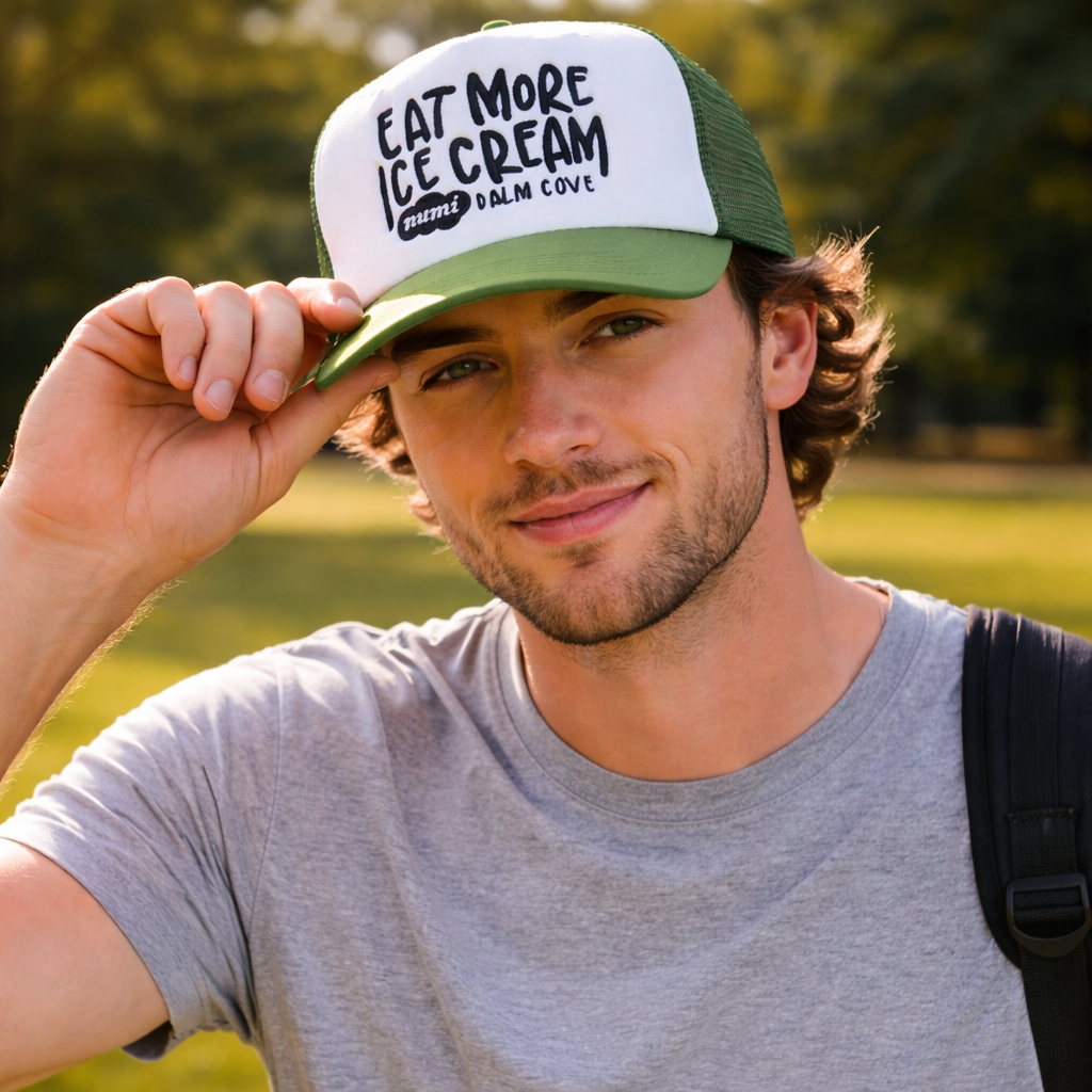 Eat More Ice Cream Embroidered 5-Panel Foam Trucker Hat with Flat Embroidery