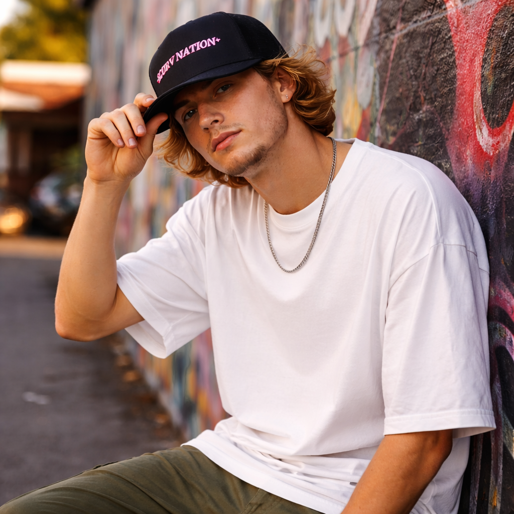 Black Foam Trucker Hat with Pink Embroidered Slogan and Rope Detail