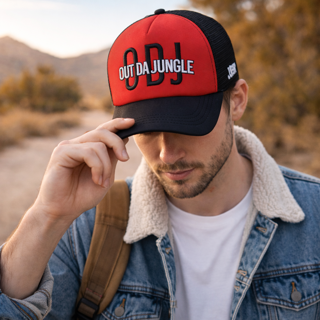 Red and Black Mesh Back Trucker Cap with Embroidered Letter Logo
