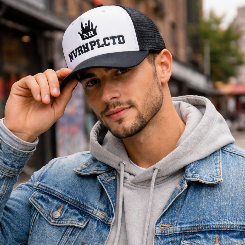 NVRRPLCTD Crown Logo Foam Front Trucker Cap – Black White Mesh Snapback
