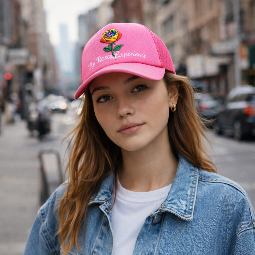 Pink Rose Embroidered Trucker Cap – Stylish Summer Mesh Hat
