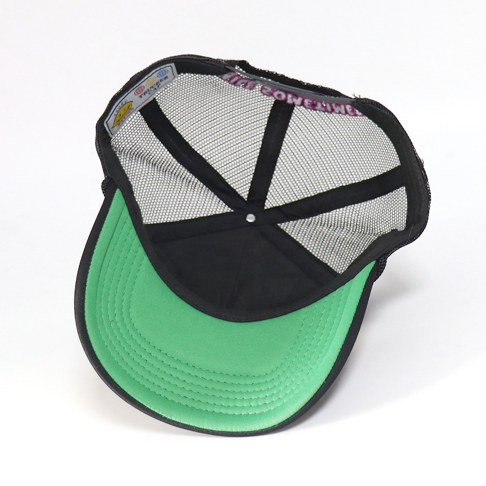 Black Foam Trucker Hat with Pink Embroidered Slogan and Rope Detail