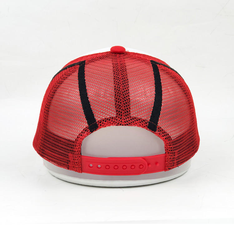 Red & White 5-Panel Foam Trucker Hat with Flat Embroidered Graphic