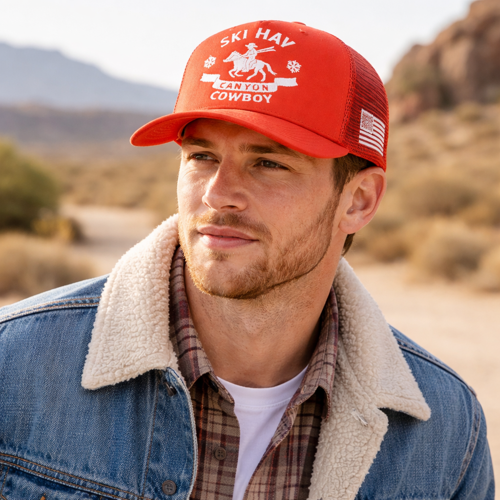 Canyon Cowboy Red Mesh Trucker Cap – Western 5-Panel Snapback Hat
