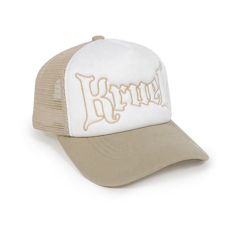 Beige and White Foam Trucker Hat with Gothic Letter Embroidery