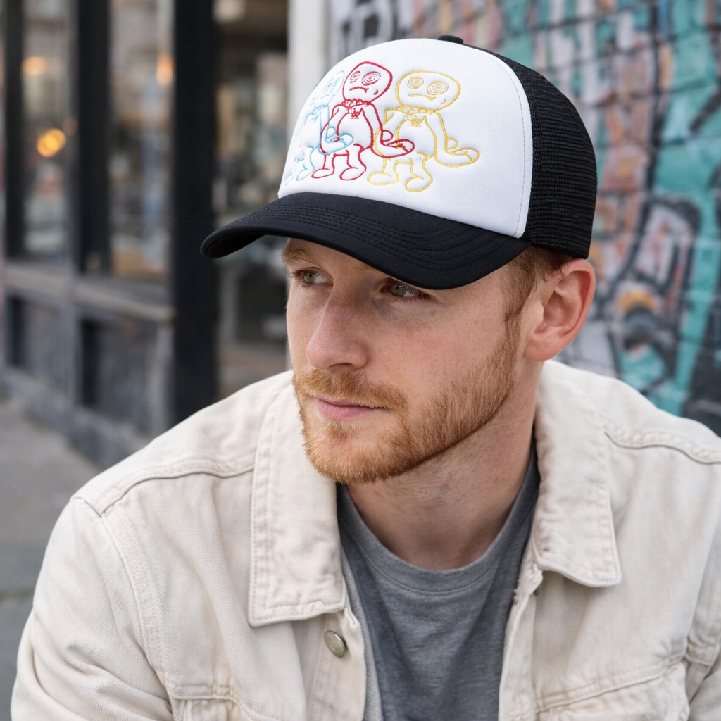Colorful Cartoon Embroidered Foam Trucker Hat – Playful Mesh Cap for Street Style