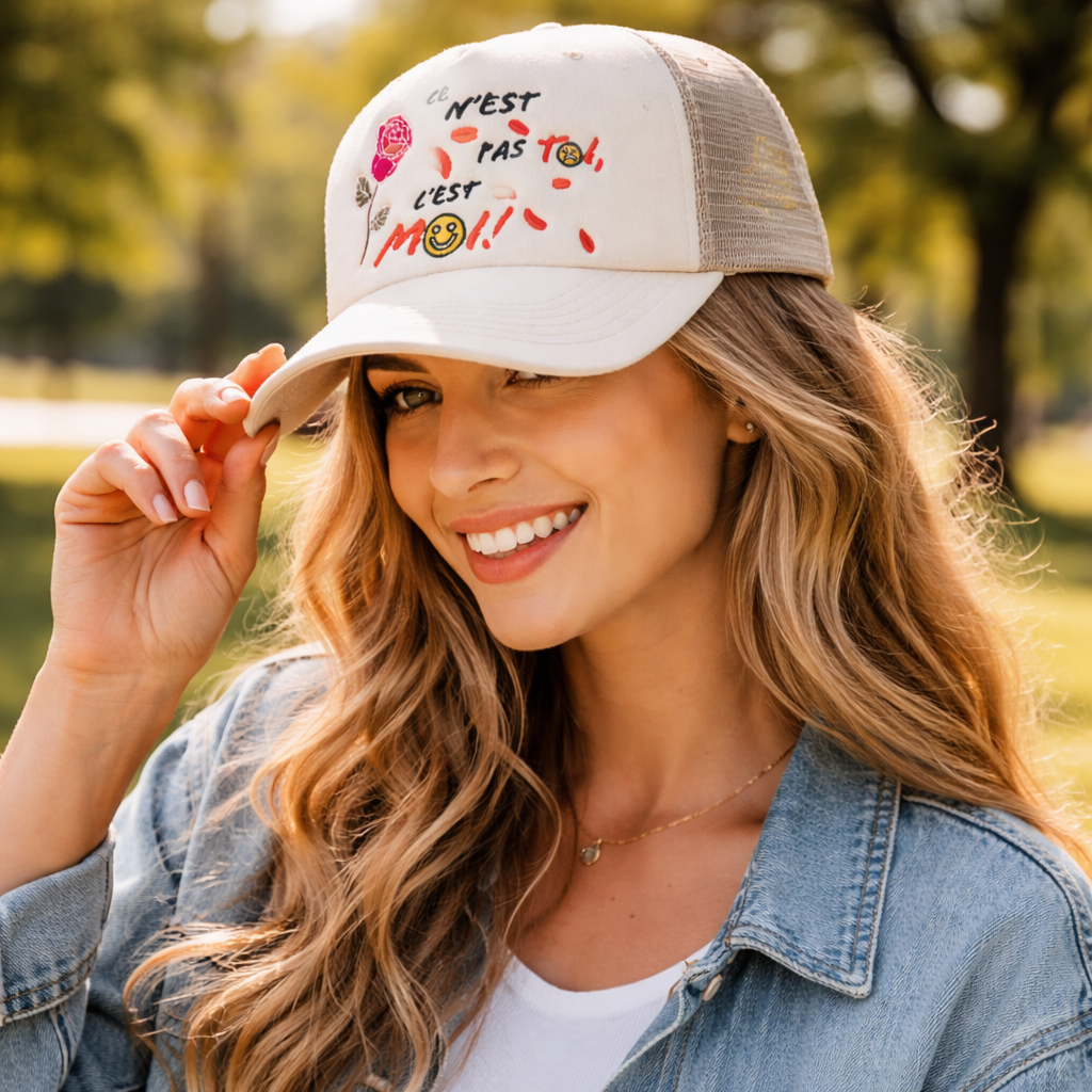 Ce N'est Pas Toi C'est Moi Embroidered 5-Panel Foam Trucker Hat with Flat Embroidery