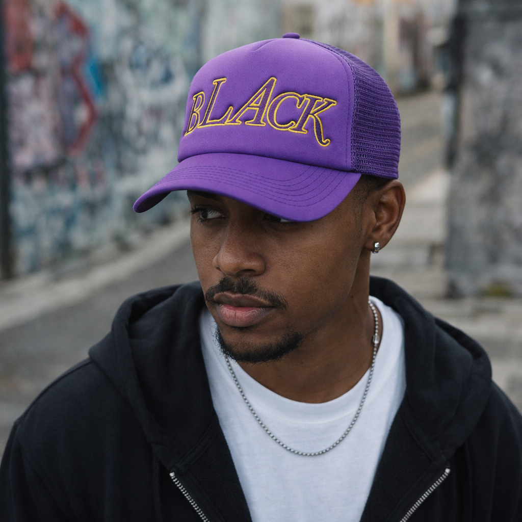 Purple Trucker Hat with Yellow &quotBLACK MADE BY
