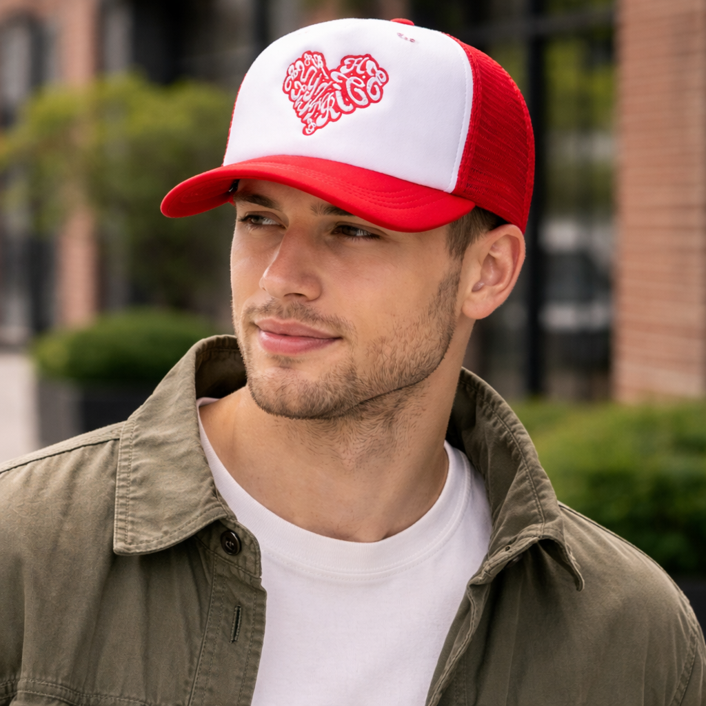 Red & White Foam Trucker Hat with Heart Logo – 5 Panel Mesh Cap