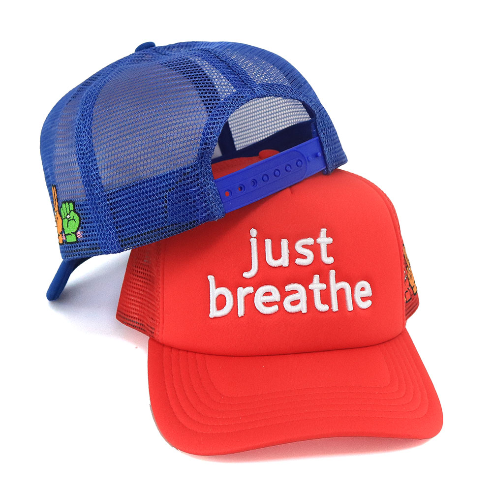 Just Breathe Colorful Foam Trucker Hat with Peace Sign Mesh – Bold 5 Panel Snapback