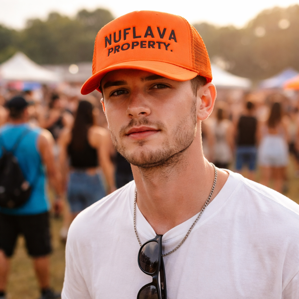 Orange Foam Trucker Hat – NUFLAVA PROPERTY Flat Embroidered 5-Panel Cap