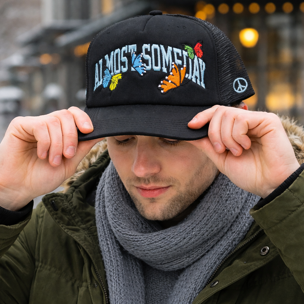 Butterfly Graphic Embroidered Black Mesh Back Trucker Cap