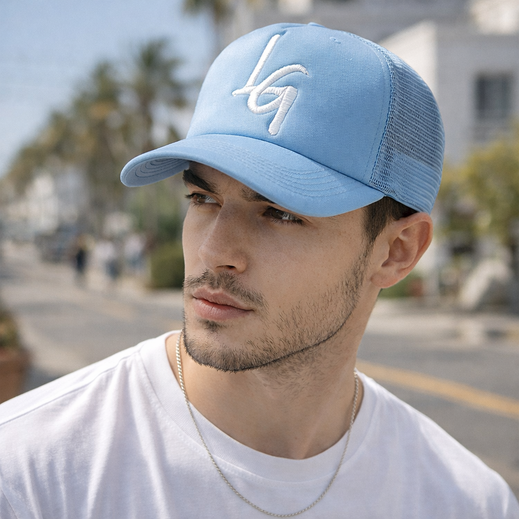 Light Blue Foam Trucker Hat with Flat Embroidered Logo