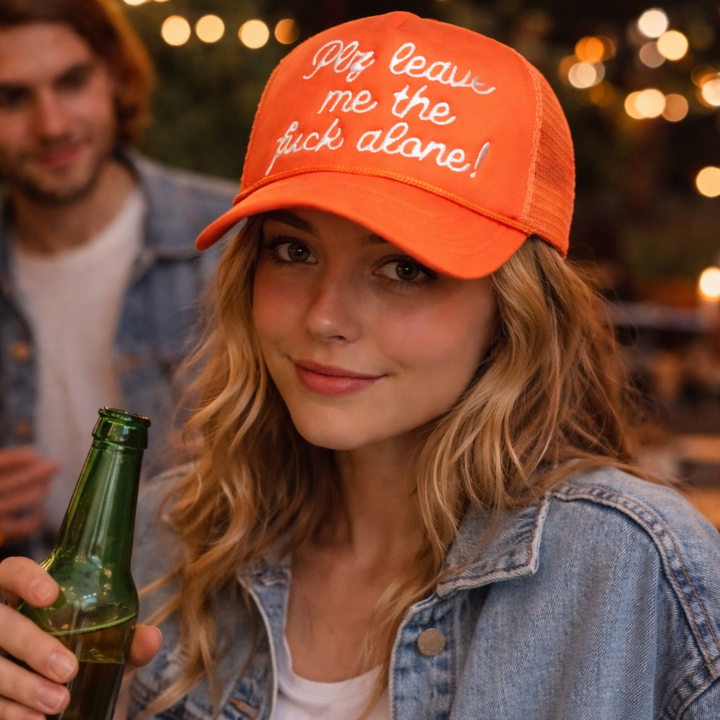 Bold Slogan Foam Trucker Hat – Orange 5 Panel Mesh Cap