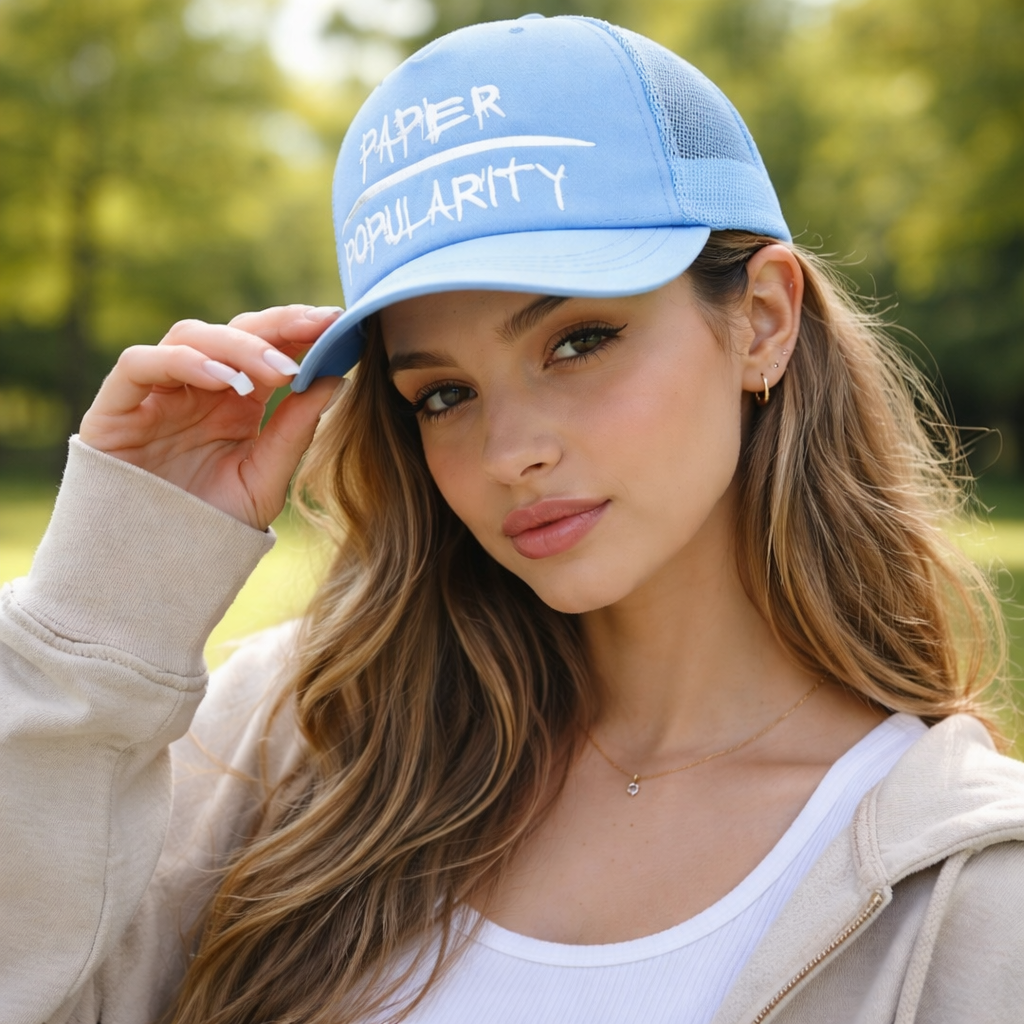 Sky Blue Foam Mesh Trucker Cap with Bold White Lettering