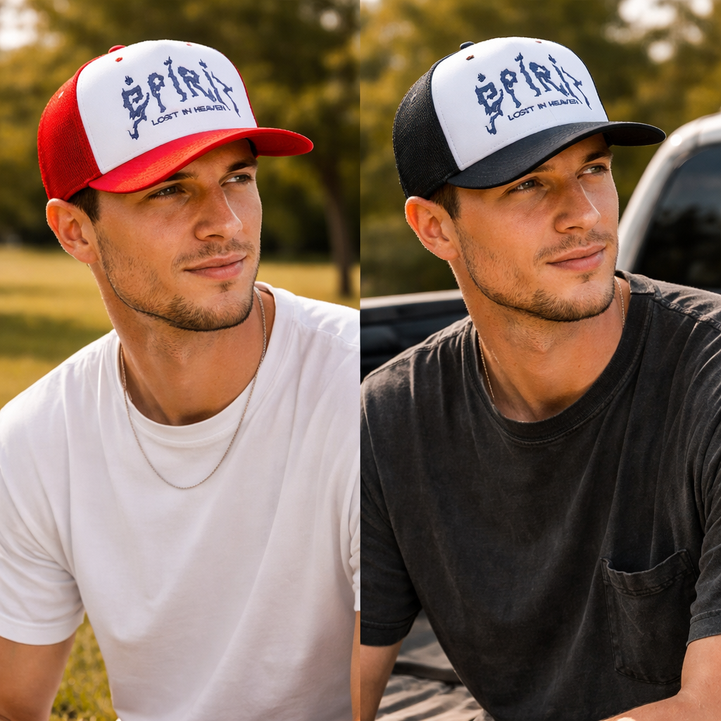 Spirit Lost in Heaven Flame Text Trucker Hat – 5 Panel Foam Cap
