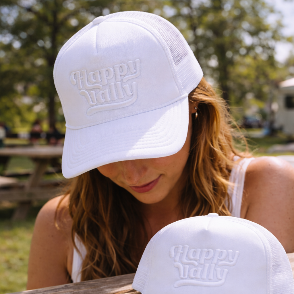 White 5 Panel Foam Trucker Hat with Flat Embroidered Logo